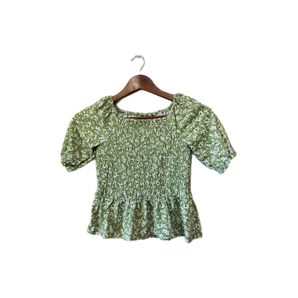The Childrens Place Smocked Top 7/8 Green Excellent Floral Peplum Puff Sleeve
